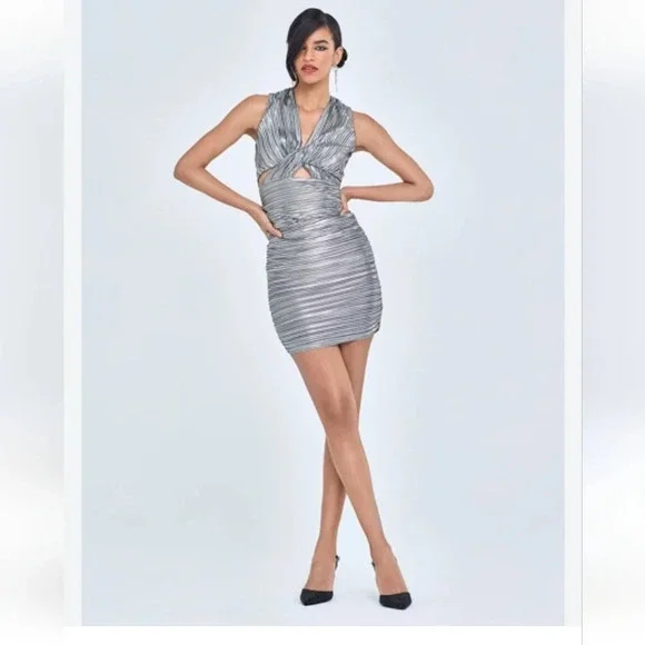 Gabrielle Union for NY&Co Silver Metalic Ilussion Dress Size Meduim NWT - Picture 4 of 10